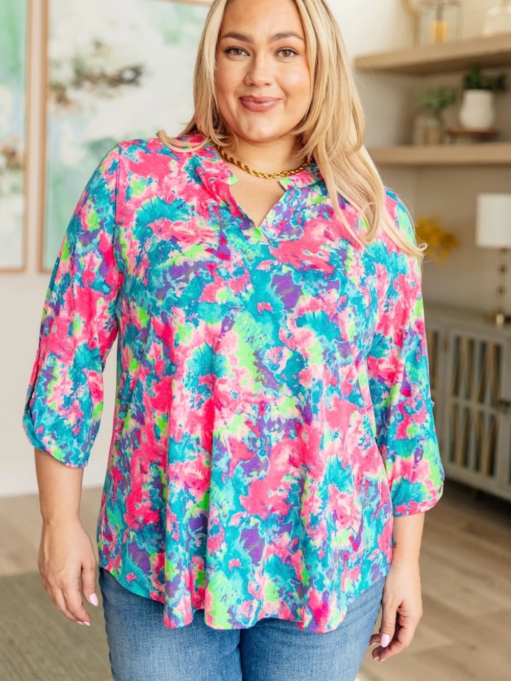 Women's V-Neck Tie-Dye Blouse in Pink, Teal & Purple